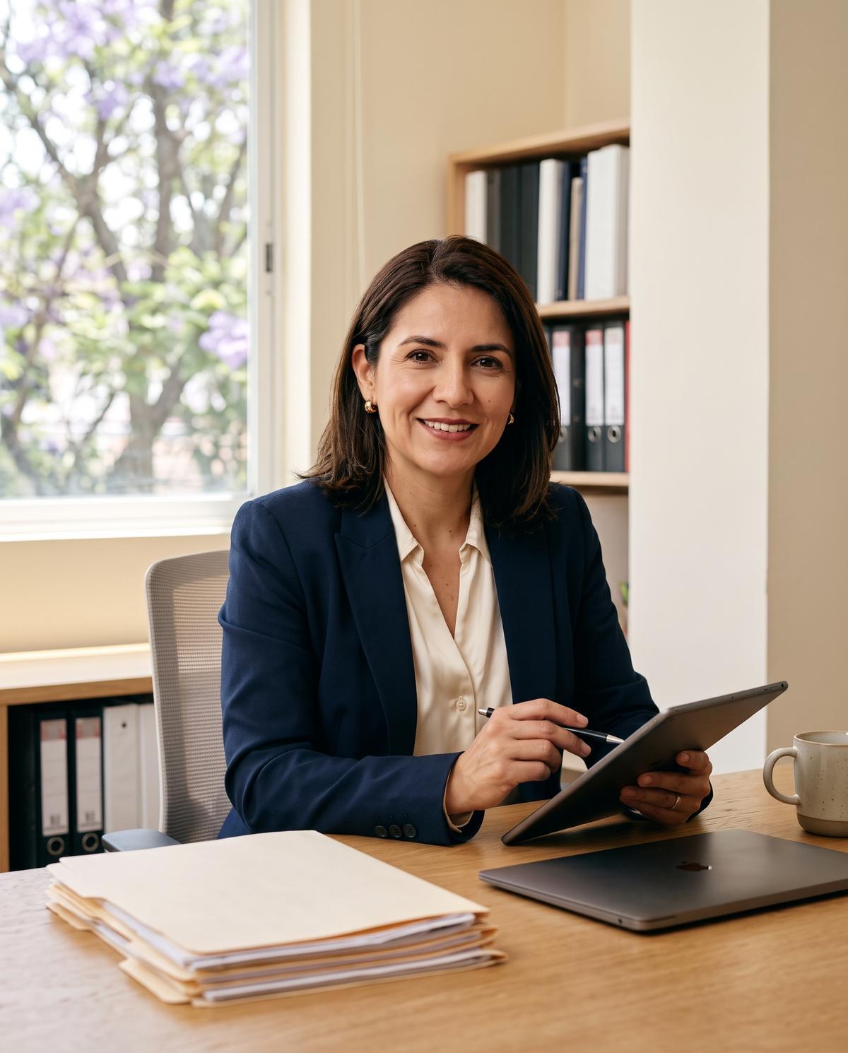 Laura Ortega, contadora pública y socia fundadora, revisando una declaración en su tableta
